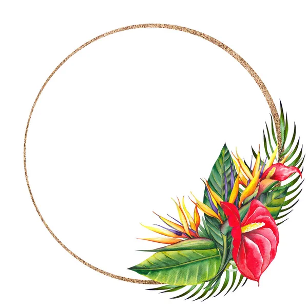 Tropischer Runder Rahmen Mit Roter Lilie Strelitzia Blüten Und Palmblättern — Stockfoto
