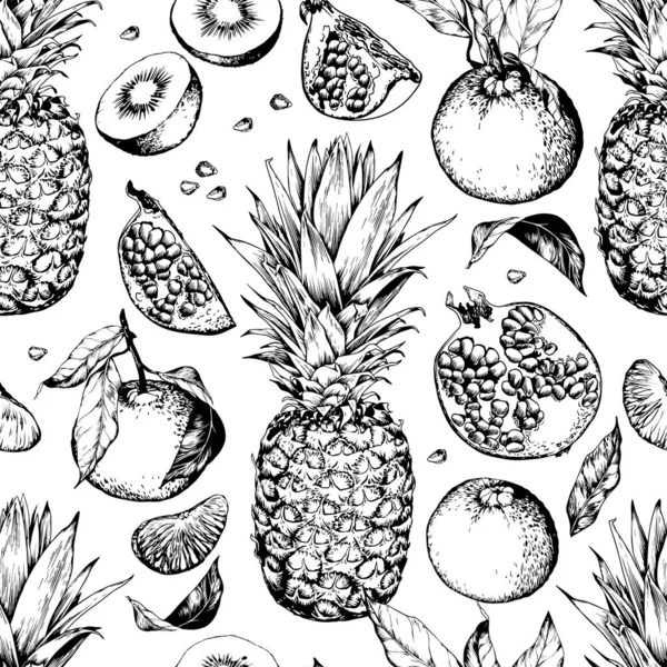 Seamless Pattern Pineapples Fruits Black White Hand Drawn Vector Illustration — Stock Vector