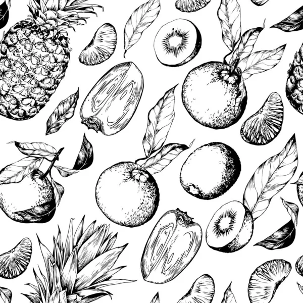 无缝图案 有菠萝和水果 黑白手绘矢量图解 — 图库矢量图片