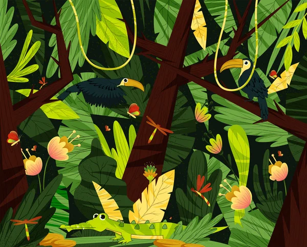 Helle Dschungel Oder Regenwald Flora Und Laub Mit Krokodil Und — Stockvektor