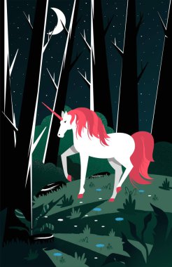 Pembe Yeleli Beyaz Tekboynuz ve Uzun Ağaçlar ve Parlak Ay Vektör İllüstrasyonu ile Karanlık Ormanda Duran Çarpık Boynuz. İnce Bacakları ve Sihirli Gücü olan Peri Mitolojik Yaratık