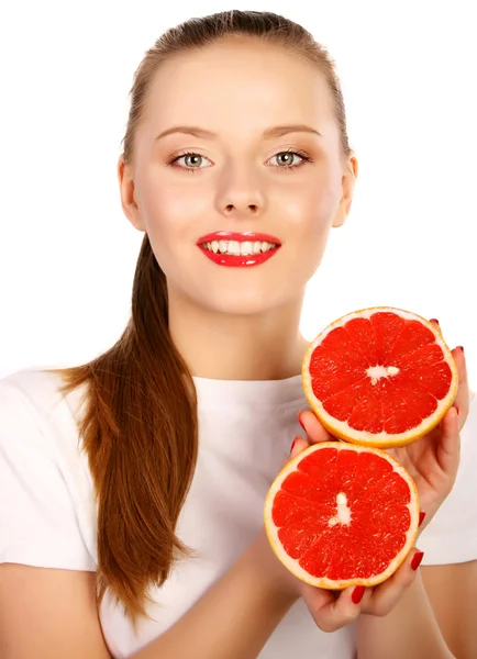 Mujer joven con pomelo en las manos estudio retrato aislado — Foto de Stock