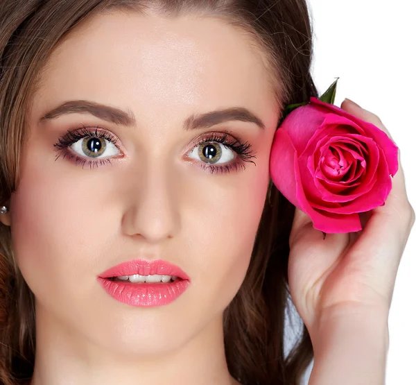 Portrait of young beautiful stylish woman with gorgeous pink ros — Stock Photo, Image