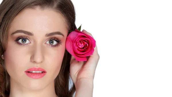 Retrato de jovem bela mulher elegante com lindo rosa ros — Fotografia de Stock