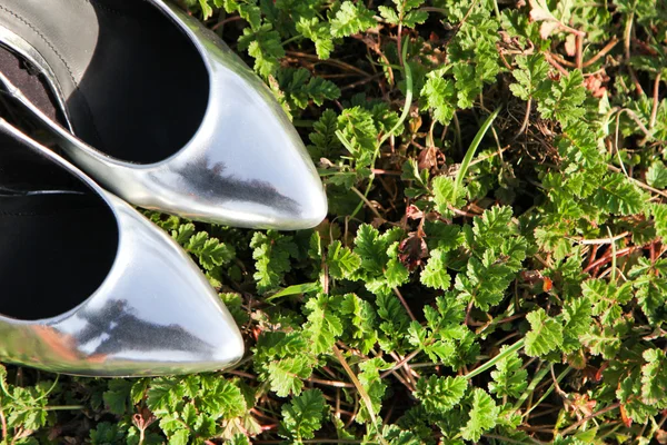 Zilveren hoge hak schoenen — Stockfoto