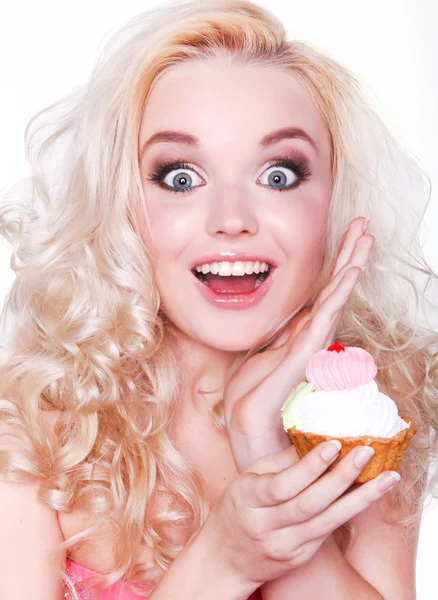 Cheerful girl with cake — Stock Photo, Image