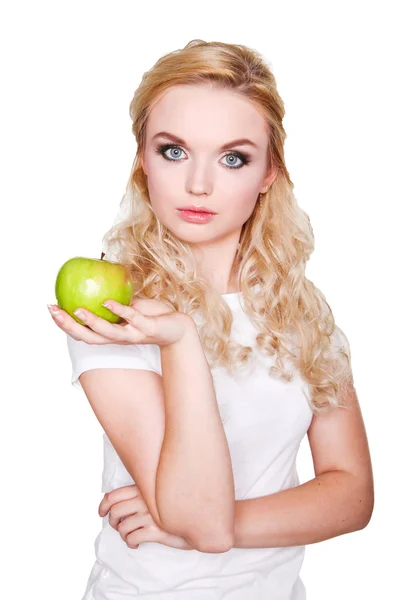 Blond girl with green apple — Stock Photo, Image