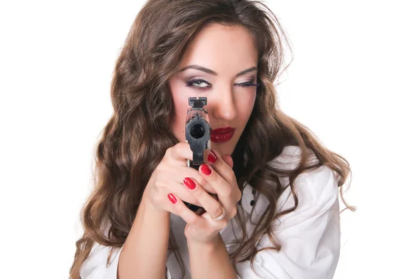 Seksi kız holding silahı — Stok fotoğraf