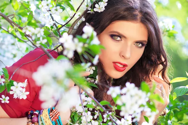 Model with cherry flowers — Stock Photo, Image