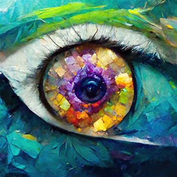 the abstract colourful eye is drawn with green, yellow and blue.