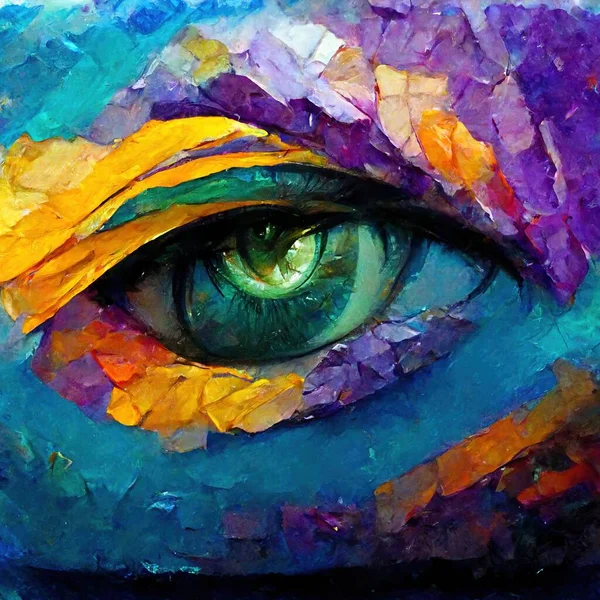 abstract colourful eye is drawn with green, yellow and blue.