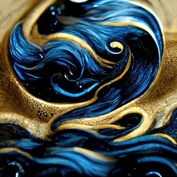 Mixing acrylic paint, liquid paint abstract blue with gold and black.