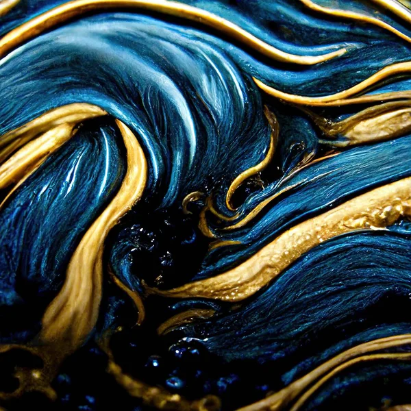 Mixing acrylic paint, liquid paint abstract blue with gold and black.