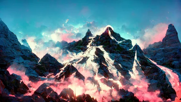 mountain snowy landscape under the light of neon and sky.
