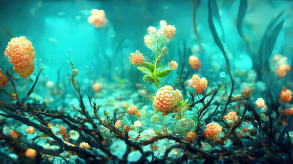 Underwater world with plants and flowers.