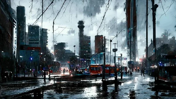 gloomy cityscape in the evening during the rain.