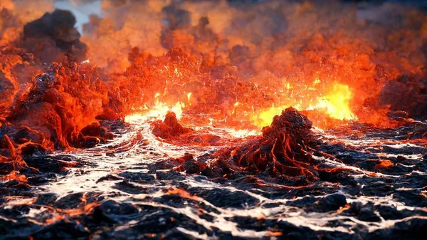Ocean waves with lava and fire, dark smoke rises to the top..