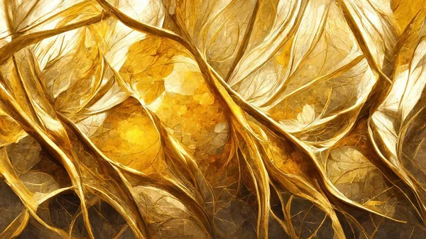 abstraction with smooth lines and feathers in gold color.