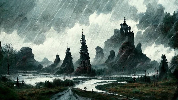 dark fantasy style landscape in rain. Abstract illustration art .