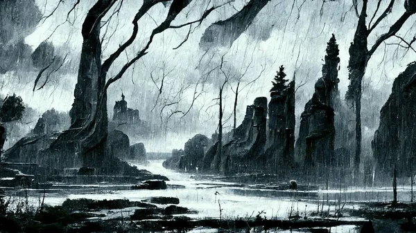 dark fantasy style landscape in rain. Abstract illustration art .