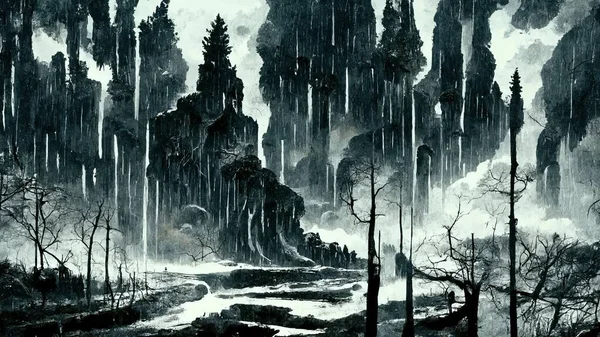 dark fantasy style landscape in rain. Abstract illustration art .