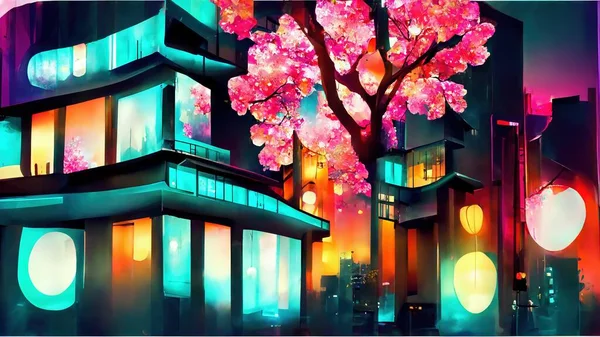 fantasy night city japanese landscape neon light. Abstract illustration art .
