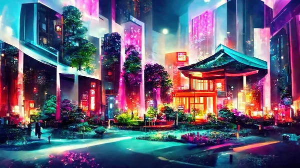 fantasy night city japanese landscape neon light. Abstract illustration art .