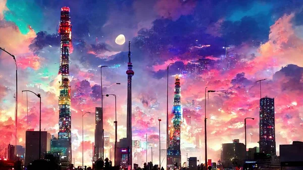 fantasy night city japanese landscape. Abstract illustration art .