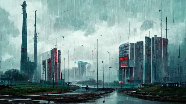 gloomy landscape of the fantastic future in the rain. Abstract illustration art .