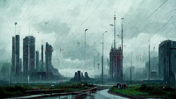 gloomy landscape of the fantastic future in the rain. Abstract illustration art .
