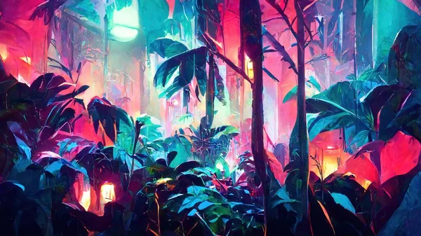 jungle neon night. Abstract illustration art.