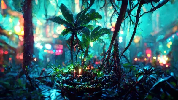 jungle neon night. Abstract illustration art.