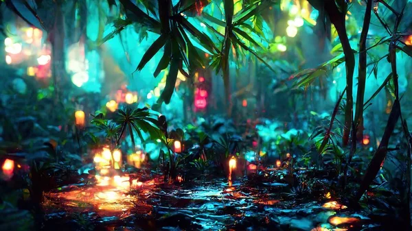 jungle neon night. Abstract illustration art.