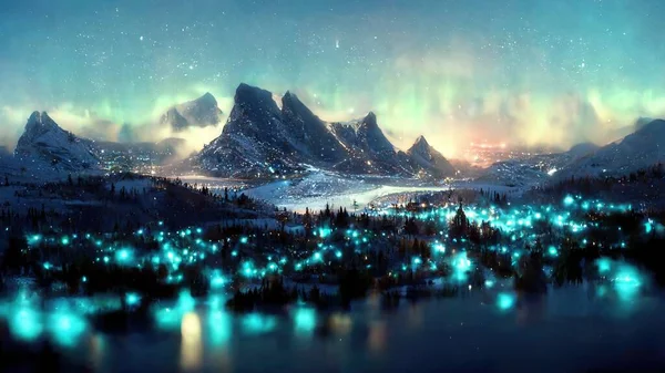 northern lights over the sea snowy mountains and city. Abstract illustration art.