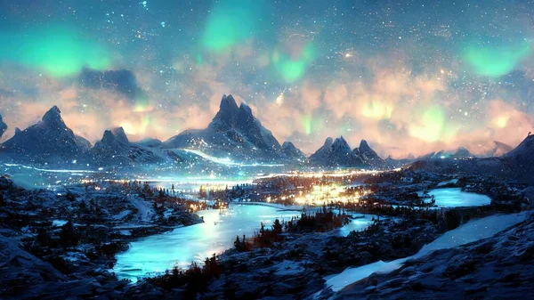 northern lights over the sea snowy mountains and city. Abstract illustration art.