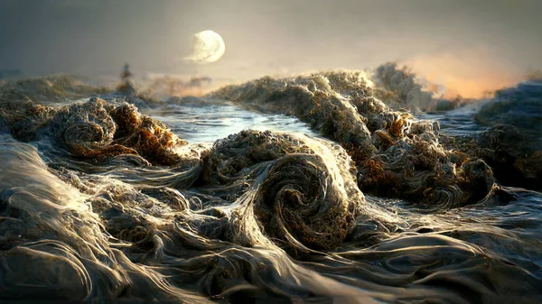 night sea fantastic landscape in waves art