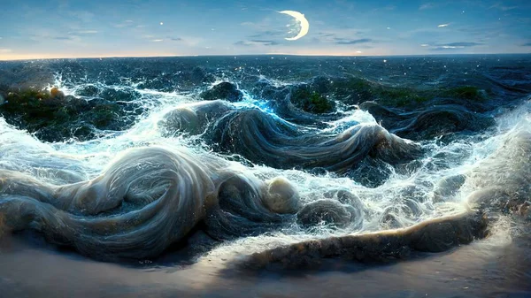 night sea fantastic landscape in waves art