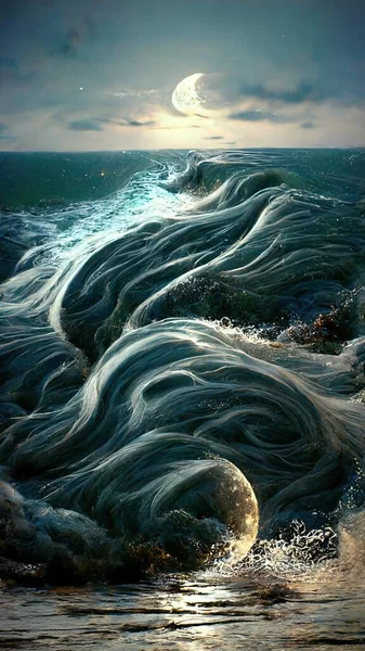 night sea fantastic landscape in waves art