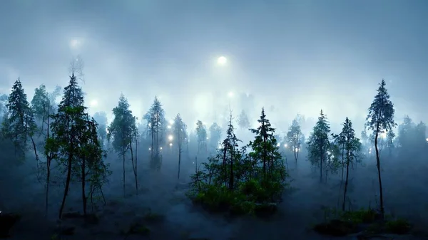 Gloomy forest in the fog at night art