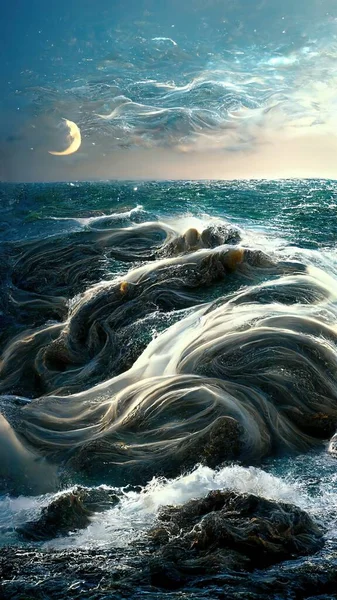 night sea fantastic landscape in waves art