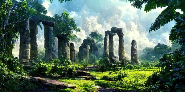 Remains of an ancient civilization in the mystical jungle illustration art