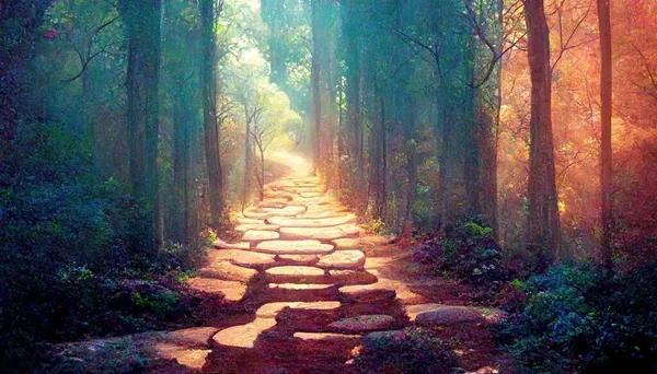 stone path in the forest among the trees illustration design art