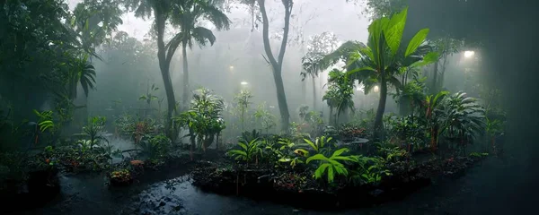 Foggy dark excotic tropical jungle illustration design art