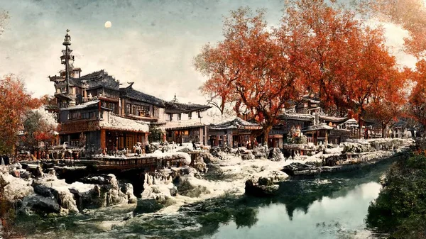 Castle in ancient china in winter near the river and trees illustration art