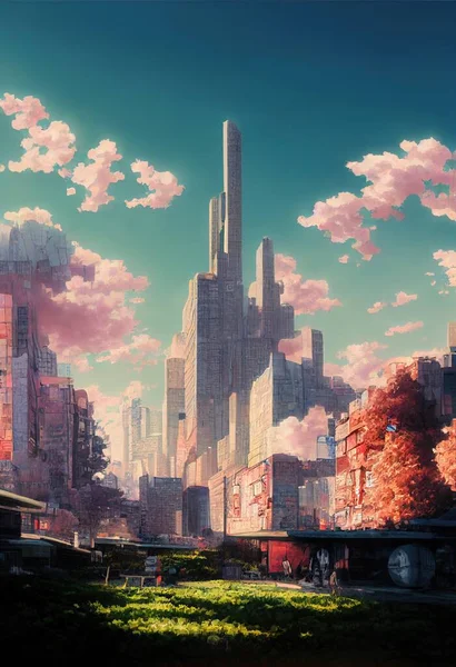 Landscape of a futuristic city in anime style illustration art