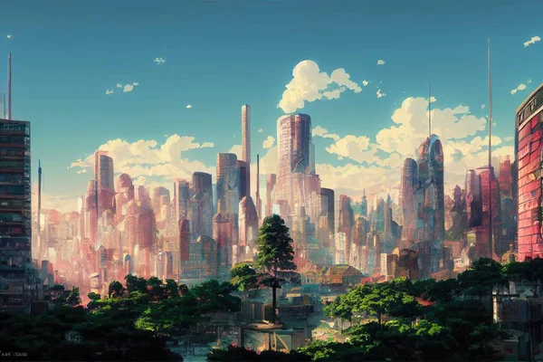 Landscape of a futuristic city in anime style illustration art