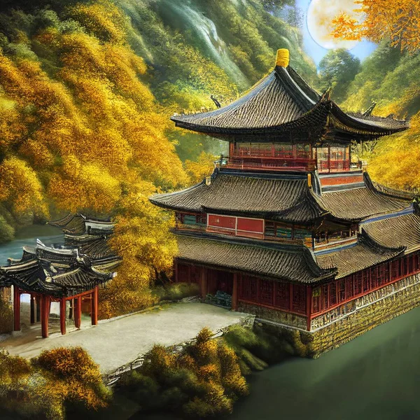 nature of ancient east with river and building illustration art