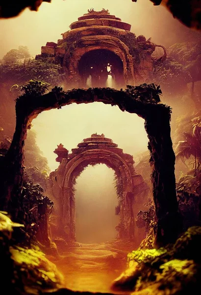 An ancient dimensional portal gate opening into jungle illustration art