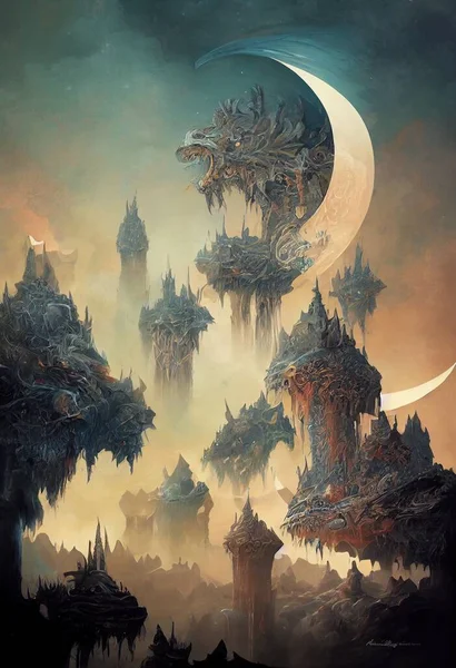 fantasy design mountains, dragon, buildings illustration art