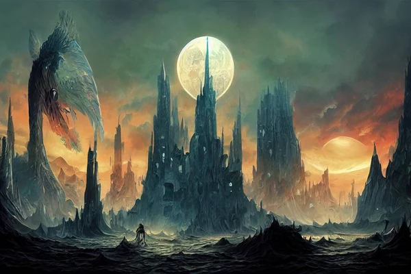 fantasy design castle, mountains, moon illustration art